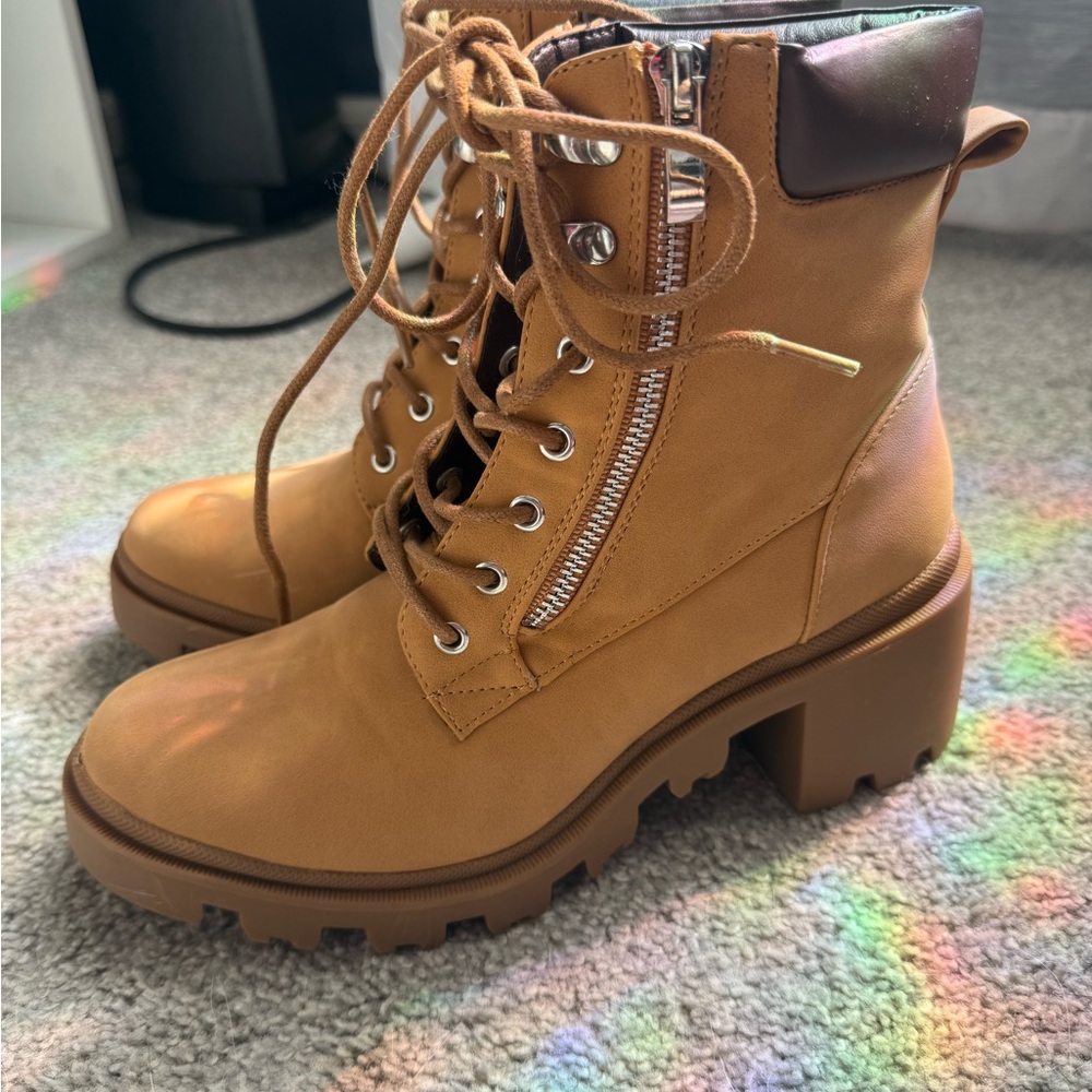 JustFab Tan Lace-Up Boots with Zipper